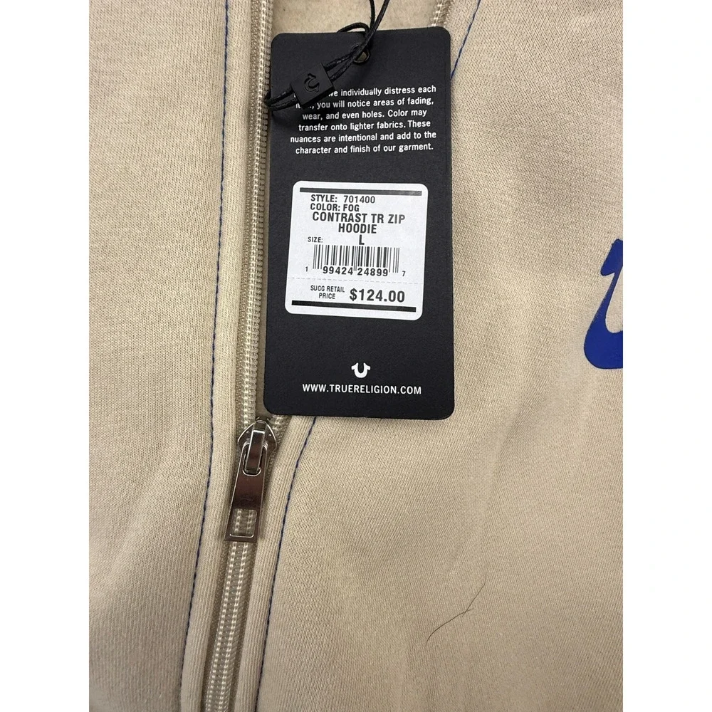TRUE RELIGION MEN'S CONTRAST W/ BUDHA BACK DESIGN ZIP HOODIE FOG SZ L NWT
